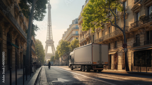 Fototapeta Naklejka Na Ścianę i Meble -  With the iconic Eiffel Tower in the background, the European truck navigates the bustling streets of Paris, a symbol of commerce and connectivity in the heart of the city.
