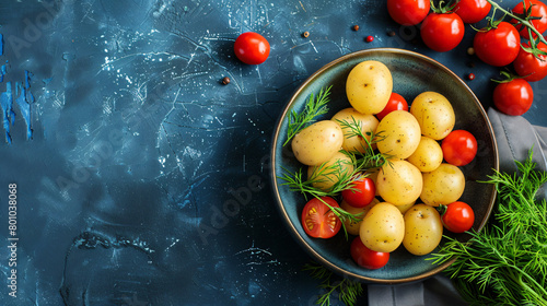Plate of boiled baby potatoes with dill and tomatoes  photo