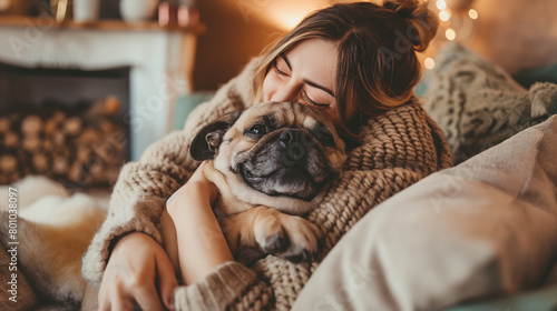 In a cozy living room, the woman cuddles her pug, their laughter echoing as they share a tender moment, surrounded by soft pillows and warm blankets. photo