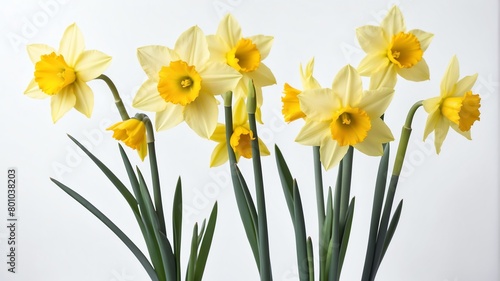 closeup of spring daffodils flowers on plain white background from Generative AI photo