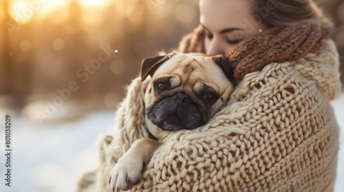 Wrapped in a cozy scarf, the woman holds her pug tightly, their warmth contrasting with the crisp winter air as they enjoy a leisurely stroll in the snow.