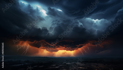 Dramatic thunderstorm with vivid lightning strikes illuminating dark. Generative AI photo