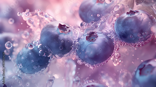 Close-up of blueberries surrounded by water bubbles. Fresh and healthy food concept. Ideal for dietary and nutritional design and print. Macro photography with vibrant colors photo