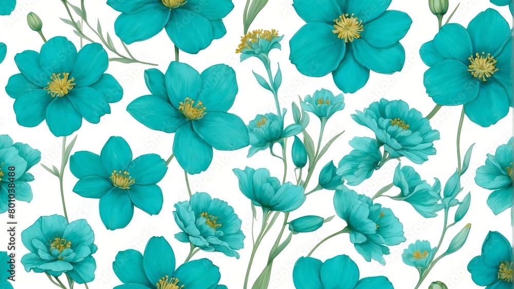 closeup of teal spring flowers on plain white background from Generative AI