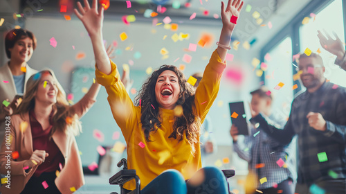 In a team huddle, the woman in a wheelchair joins her coworkers in celebrating a successful project launch, her smile infectious as she cheers on her team's achievements.
