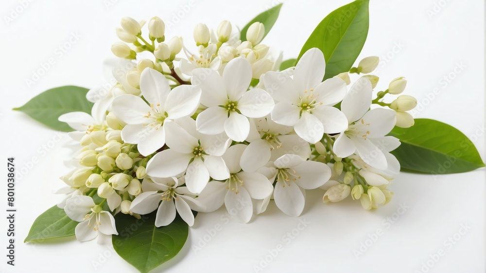 Fototapeta premium closeup of white lilac flowers on plain white background from Generative AI