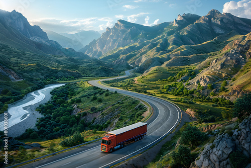Red Truck Driving through Mountain Valley