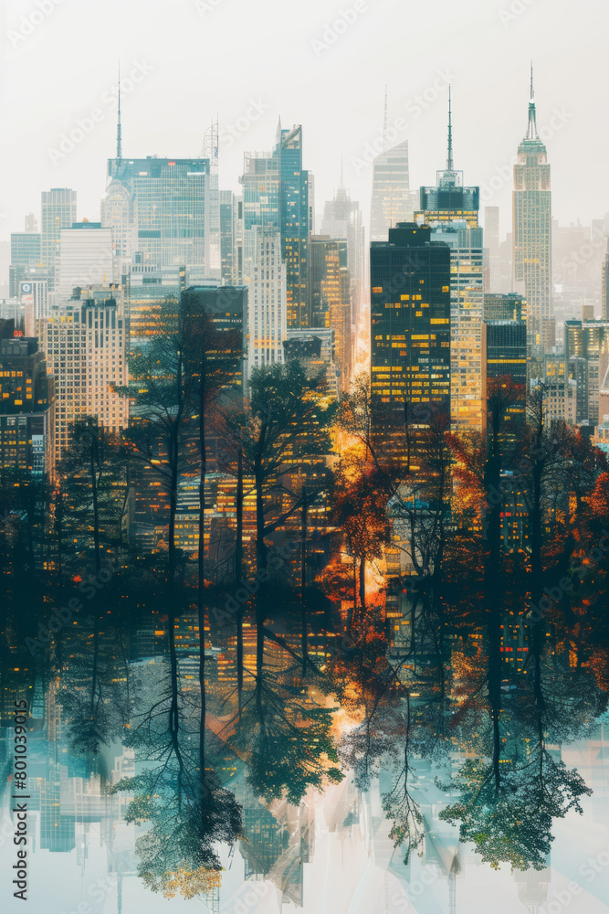 A cityscape merging with corporate growth charts in a double exposure image, symbolizing the connection between urban development and financial success.