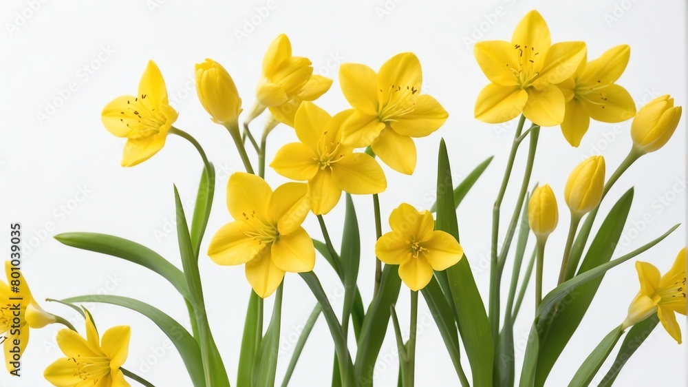 closeup of yellow spring flowers on plain white background from Generative AI closeup of yellow spring flowers on plain white background from Generative AI