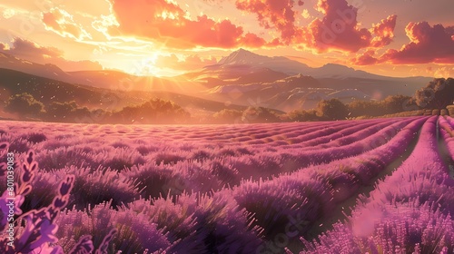 Lavender field in the morning abstract illustration poster background