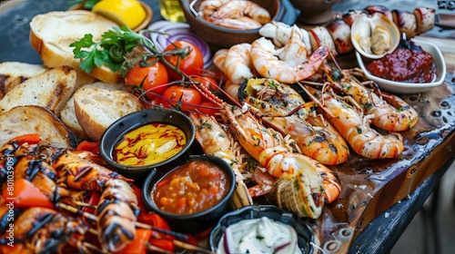 An enticing view of a seafood barbecue feast with a variety of grilled squid, shrimp, and shellfish, served with dipping sauces and accompanied by grilled vegetables and crusty bread,