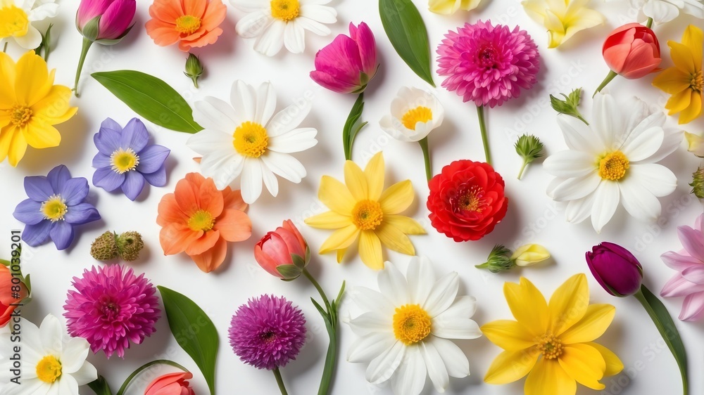 closeup of assorted spring flowers on plain white background from Generative AI