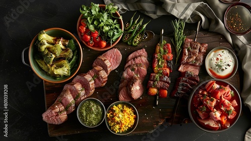 An enticing view of a variety of fresh meats and vegetables arranged on a platter, alongside bowls of dipping sauces, set against a backdrop of a tabletop grill,