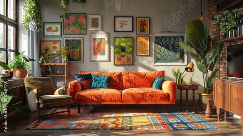Eclectic Living Room Artwork Display: A 3D illustration showcasing an eclectic living room with a dynamic artwork display photo