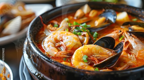 Close-up of a bowl filled with spicy seafood soup, brimming with tender squid, plump mussels, and juicy prawns, offering a flavorful and comforting meal option that's perfect for chilly days.