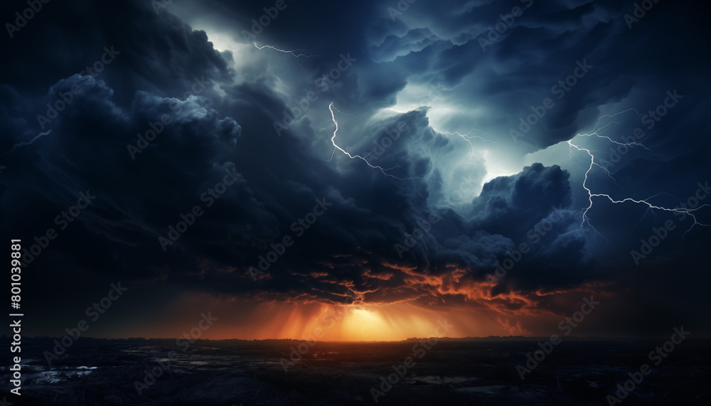 Fototapeta premium Dramatic thunderstorm with vivid lightning strikes illuminating dark. Generative AI