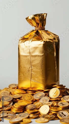 A Vertical Image Of A Financial Pyramid Including A Bag Of Gold And Gold Coins On A Table.