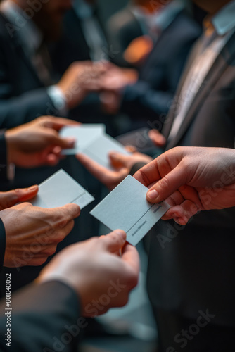 Exchange of business cards in a corporate setting showcasing hands and cards  a visual representation of networking and professional relationships.