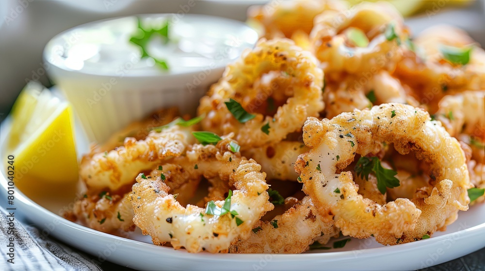 Close-up of a plate of crispy fried calamari, served with a side of aioli dipping sauce and lemon wedges, offering a delicious and satisfying appetizer option that's perfect for sharing or snacking. Close-up of a plate of crispy fried calamari, served with a side of aioli dipping sauce and lemon wedges, offering a delicious and satisfying appetizer option that's perfect for sharing or snacking.