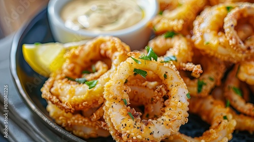Close-up of a plate of crispy fried calamari, served with a side of aioli dipping sauce and lemon wedges, offering a delicious and satisfying appetizer option that's perfect for sharing or snacking.