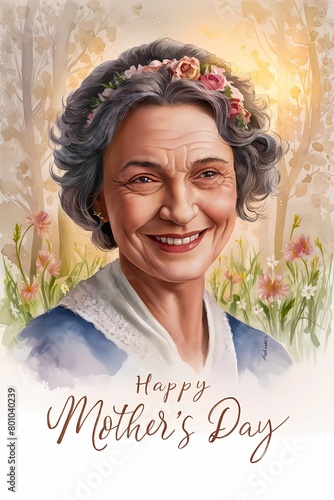 Mother's day greeting card with illustration of mother surrounded by flowers and text. Happy mother's day concept.