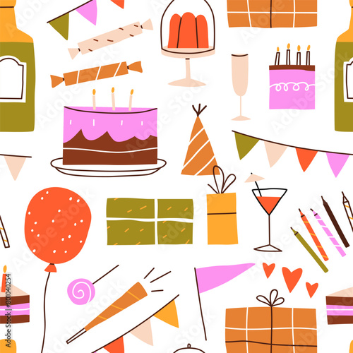 Birthday party, seamless pattern. Holiday background design with cake, candle, gift, balloon. Festive repeating print. Printable flat vector illustration for wrapping, packaging, textile and fabric