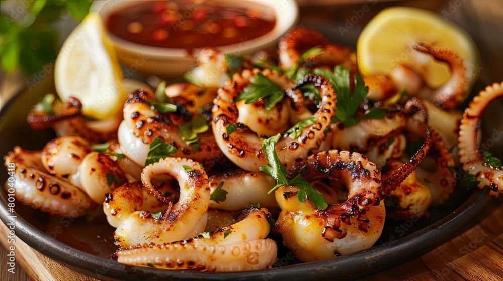 Close-up of a plate piled high with succulent grilled squid, served with a side of tangy dipping sauce and fresh lemon wedges, Close-up of a plate piled high with succulent grilled squid, served with a side of tangy dipping sauce and fresh lemon wedges,