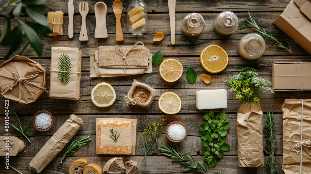 Biodegradable packaging materials on wooden table showing sustainability in environmentally friendly products. Biodegradable packaging materials on wooden table showing sustainability in environmentally friendly products.