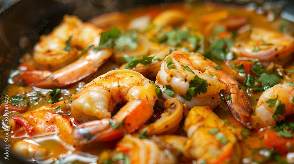 Close-up of a seafood curry simmering in a pot, filled with tender squid, plump shrimp, and fragrant herbs and spices, offering a flavorful and aromatic taste of coastal cuisine. Close-up of a seafood curry simmering in a pot, filled with tender squid, plump shrimp, and fragrant herbs and spices, offering a flavorful and aromatic taste of coastal cuisine.