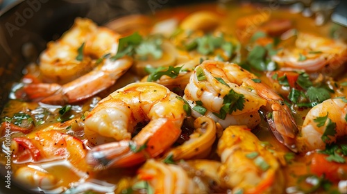 Close-up of a seafood curry simmering in a pot, filled with tender squid, plump shrimp, and fragrant herbs and spices, offering a flavorful and aromatic taste of coastal cuisine.