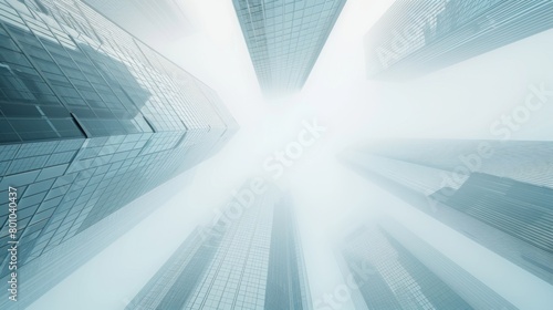 Upward View of Modern Skyscrapers Against Sky with Sun Flare photo