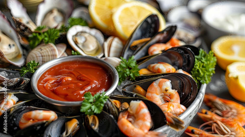 Close-up of a seafood platter showcasing a variety of shellfish, including clams, mussels, and oysters, served with cocktail sauce and lemon wedges,