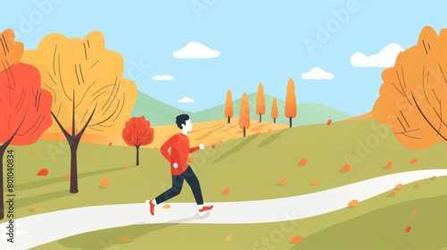 Active Young Man Jogging in Autumn Scenic Park
