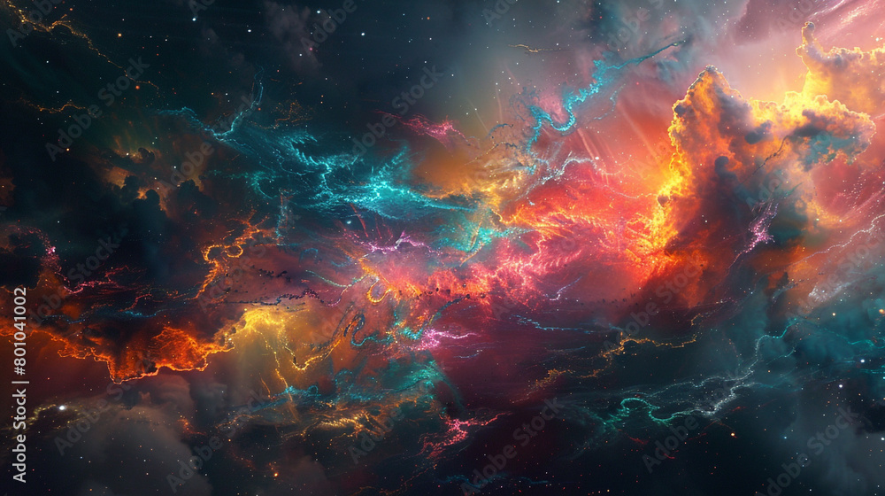 Dynamic bursts of color and energy resembling a vibrant digital nebula suspended in a virtual cosmos.