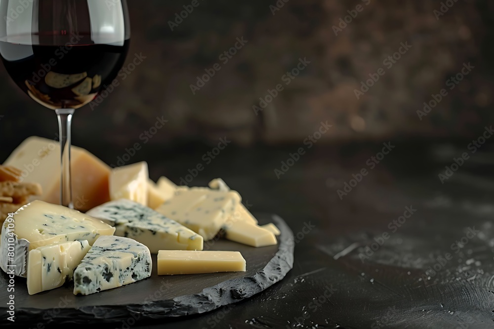 A glass of red wine with a cheese platter, leaving space for text.