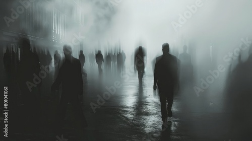 Helplessness in the Haze  Silhouettes of individuals lost in the fog  conveying a sense of hopelessness amidst the quest for wealth in a grayscale city. Retro style  slightly blurred  sharpened