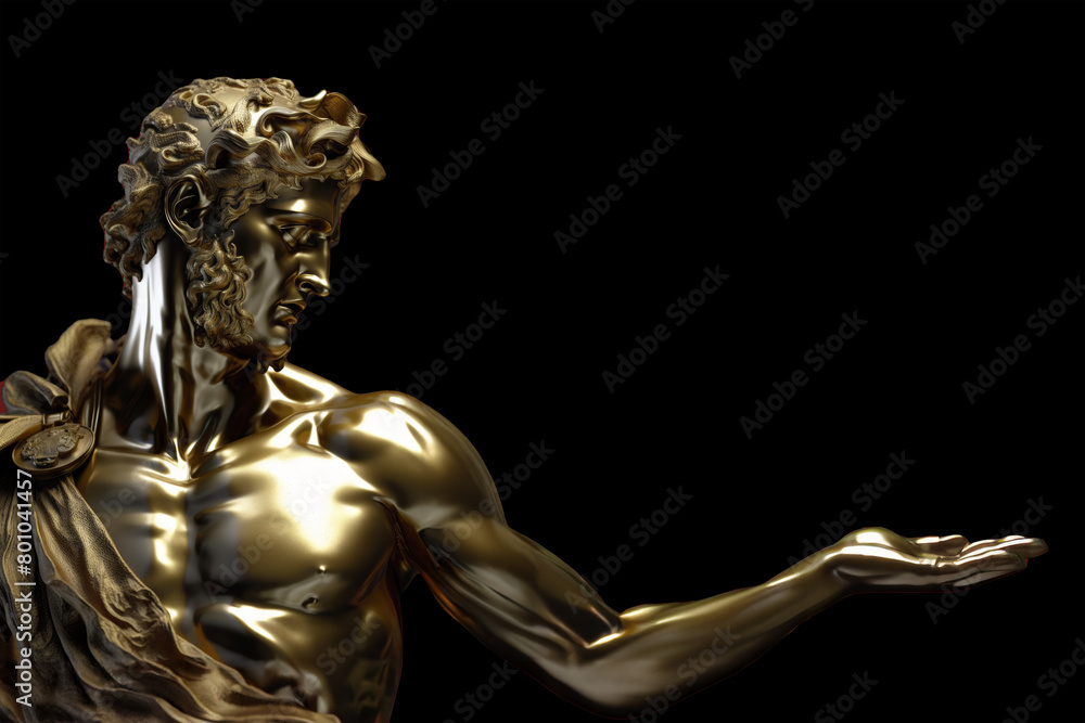 Golden statue of a muscular male figure with detailed hair and draped cloth, isolated on black background Golden statue of a muscular male figure with detailed hair and draped cloth, isolated on black background