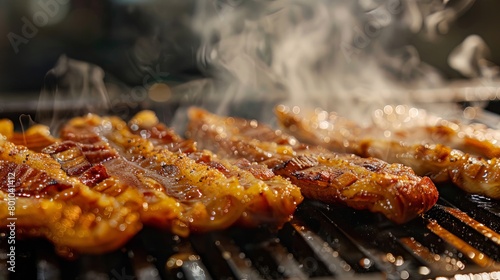 Close-up of succulent pork strips cooking on a tabletop grill, releasing mouthwatering aromas as they caramelize to perfection, inviting diners to indulge 