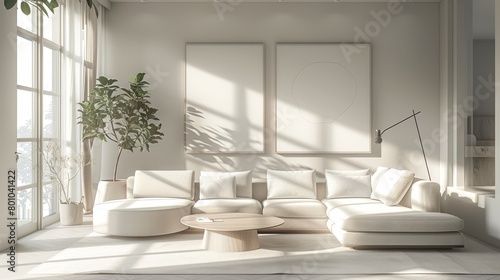 Minimalist Living Room Monochromatic Scheme  An illustration showcasing a minimalist living room