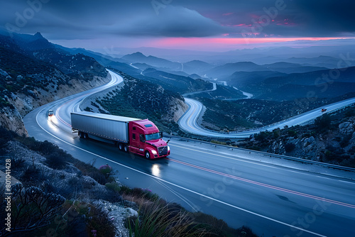 Semi Truck Traveling on Scenic Road at Sunset in Dark Pink and Indigo
