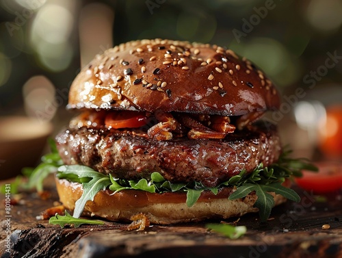 Gourmet cricket burger, sustainable protein, rustic setting, closeup shot , hyper detailed photo