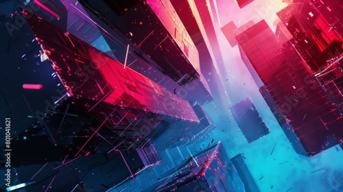 Futuristic cityscape with neon lights and dynamic shards, tech and sci-fi themes.
