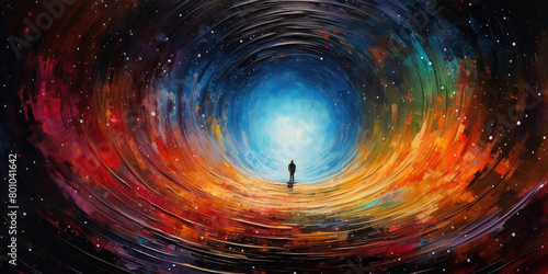 a man standing in a spiral galaxy in space, colorful fantasy portal