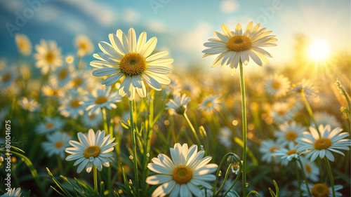 The blooming flowers are beautiful the field of colors. Daisy field on a clear day Daisies come in white and yellow. and surrounded by green grass surrounded by green nature and shining sun.