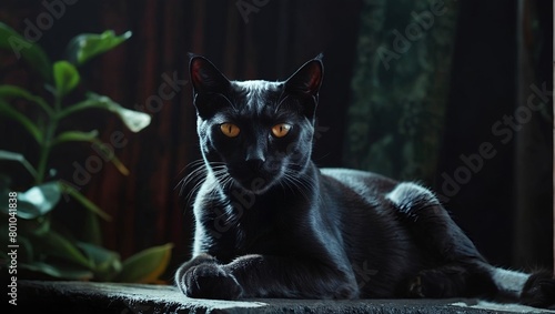 black cat sit on a black background photo