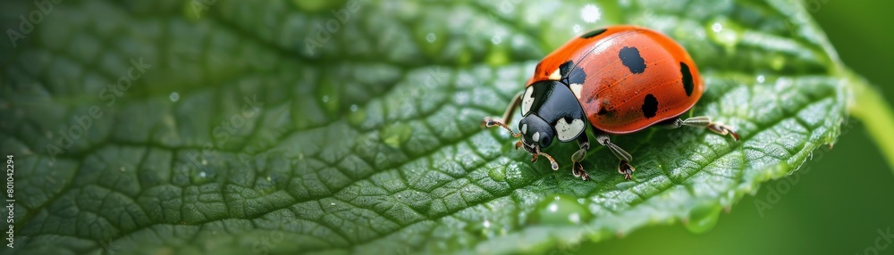 Fototapeta premium A ladybugs spotted shell crawling along a vibrant green leaf