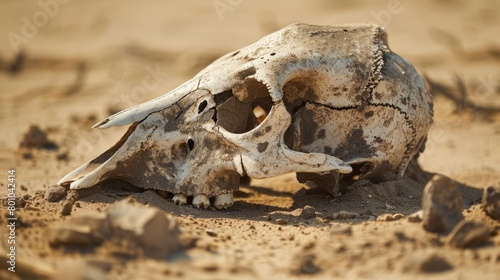 A large white skull is laying on the ground in a desert