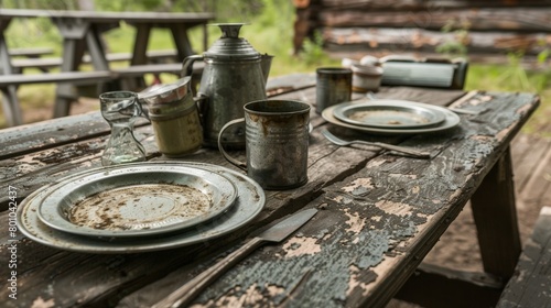A weathered camp table set with tin plates and enamel mugs