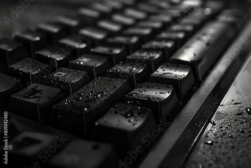 A close up of a black keyboard with the letters