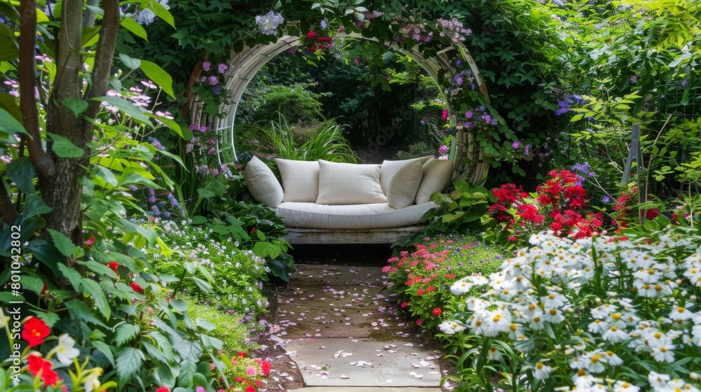 Enchanting Garden Nook with Comfortable Seating and Lush Greenery